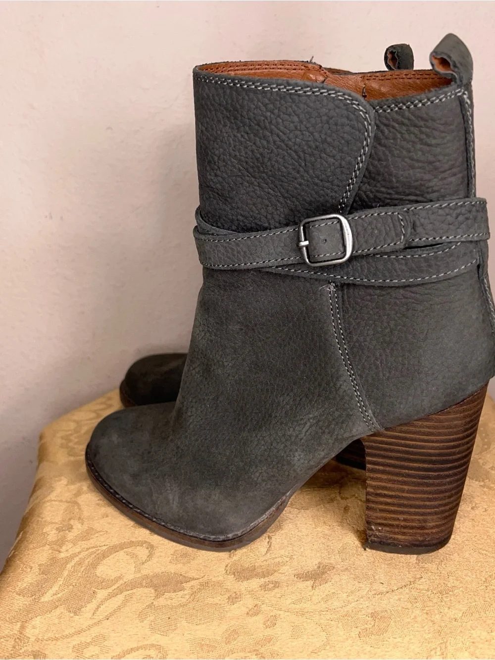 Size 6.5 Lucky Brand Latonya Block Heel Boots Leather Grey Boho Western Bohemian